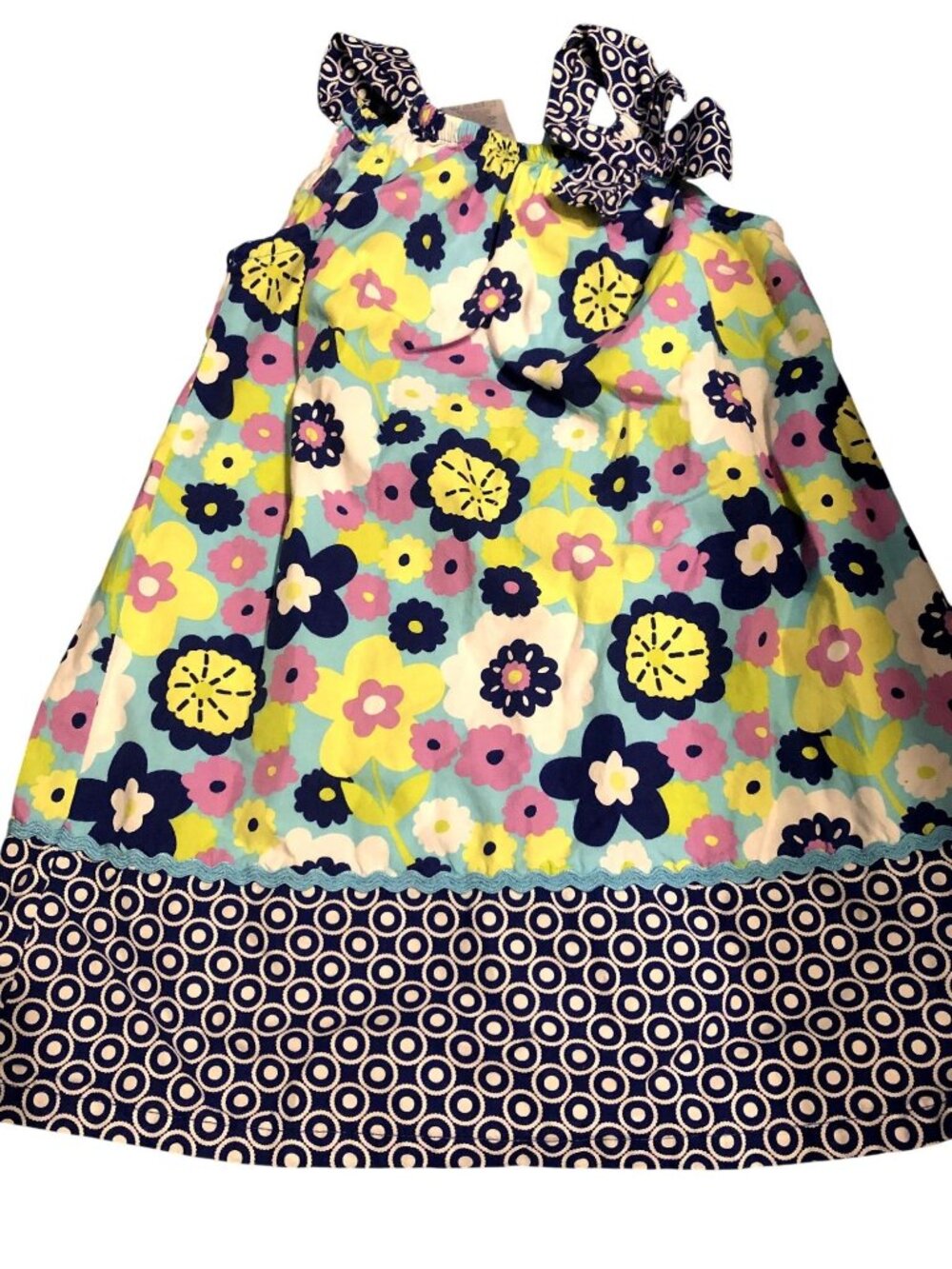 Pillowcase Style Bright Floral Accented Dress Aqua Blue w/ Bow Sz 5